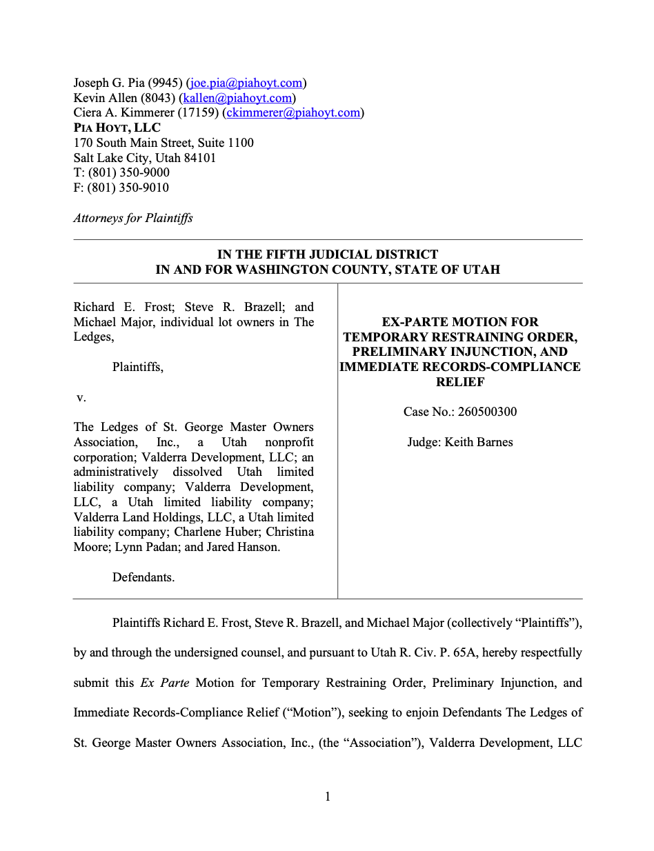 Cover page of the ex parte motion for a temporary restraining order