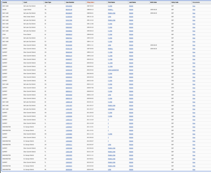 Screenshot excerpt from Utah Courts Xchange search results