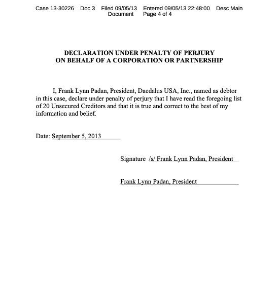 Excerpt from a public bankruptcy filing signed by F. Lynn Padan