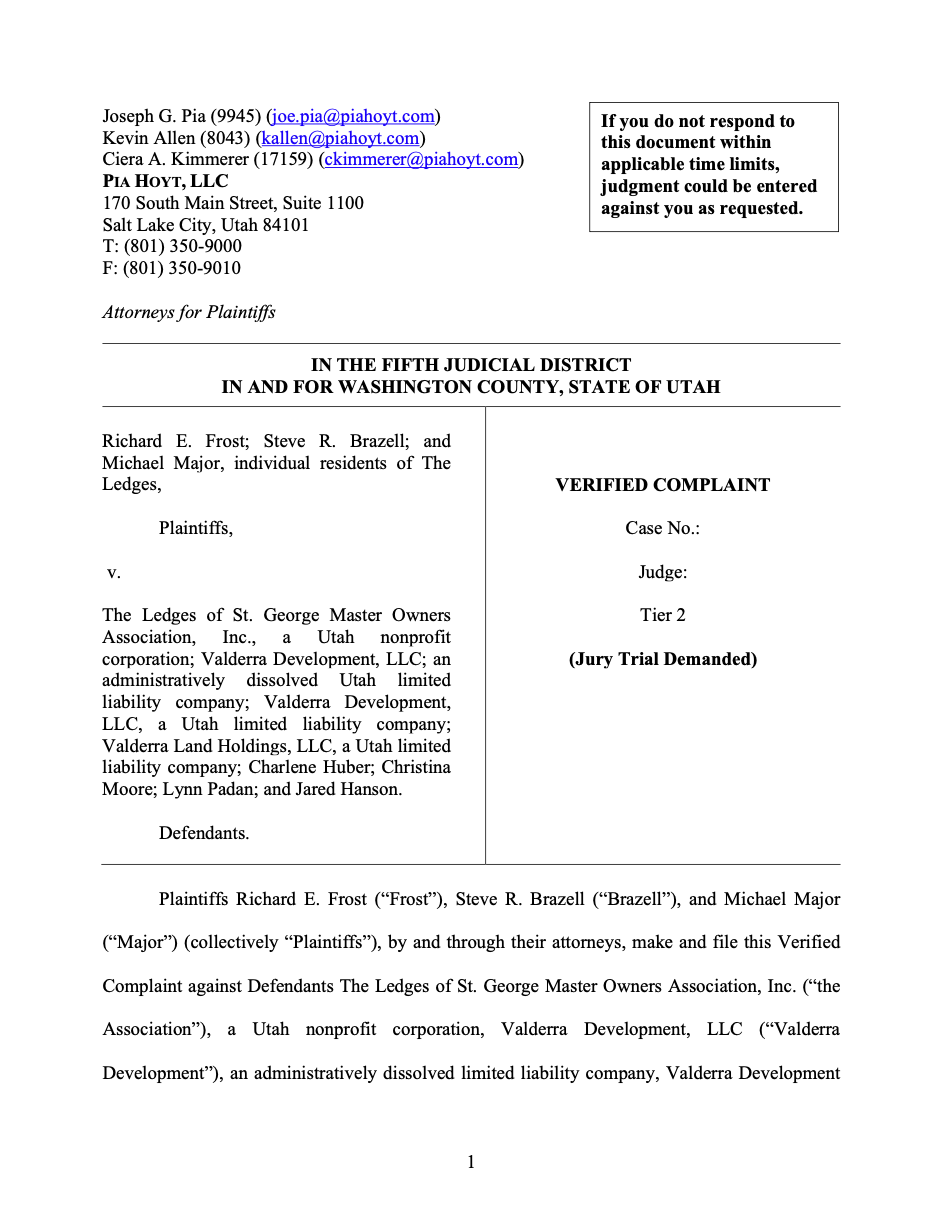 Cover page of the verified complaint filed in Washington County, Utah